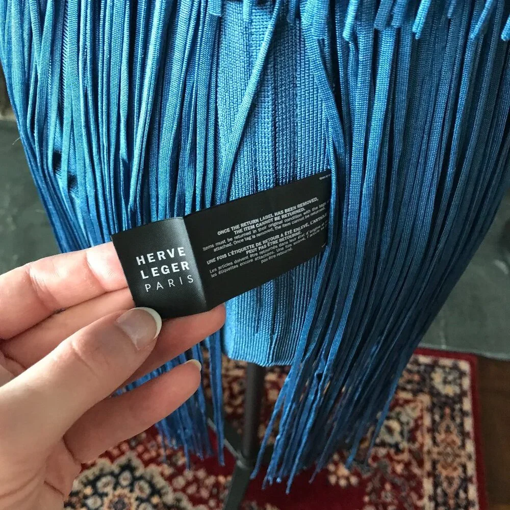 'Herve Leger Paris' One Shoulder Mini Fringe Dress in Petrol Blue - Size Small - Picture 5 of 8